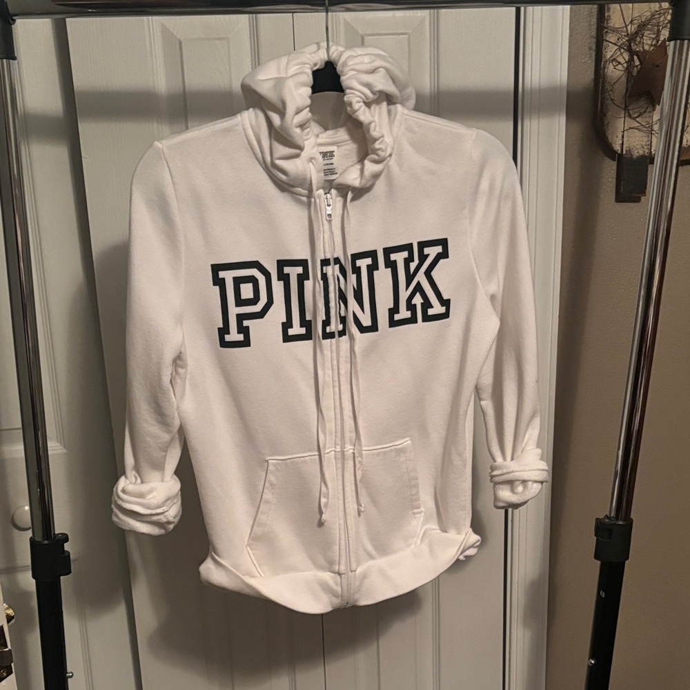 PINK Victoria’s Secret White Hoodie with Black Lettering